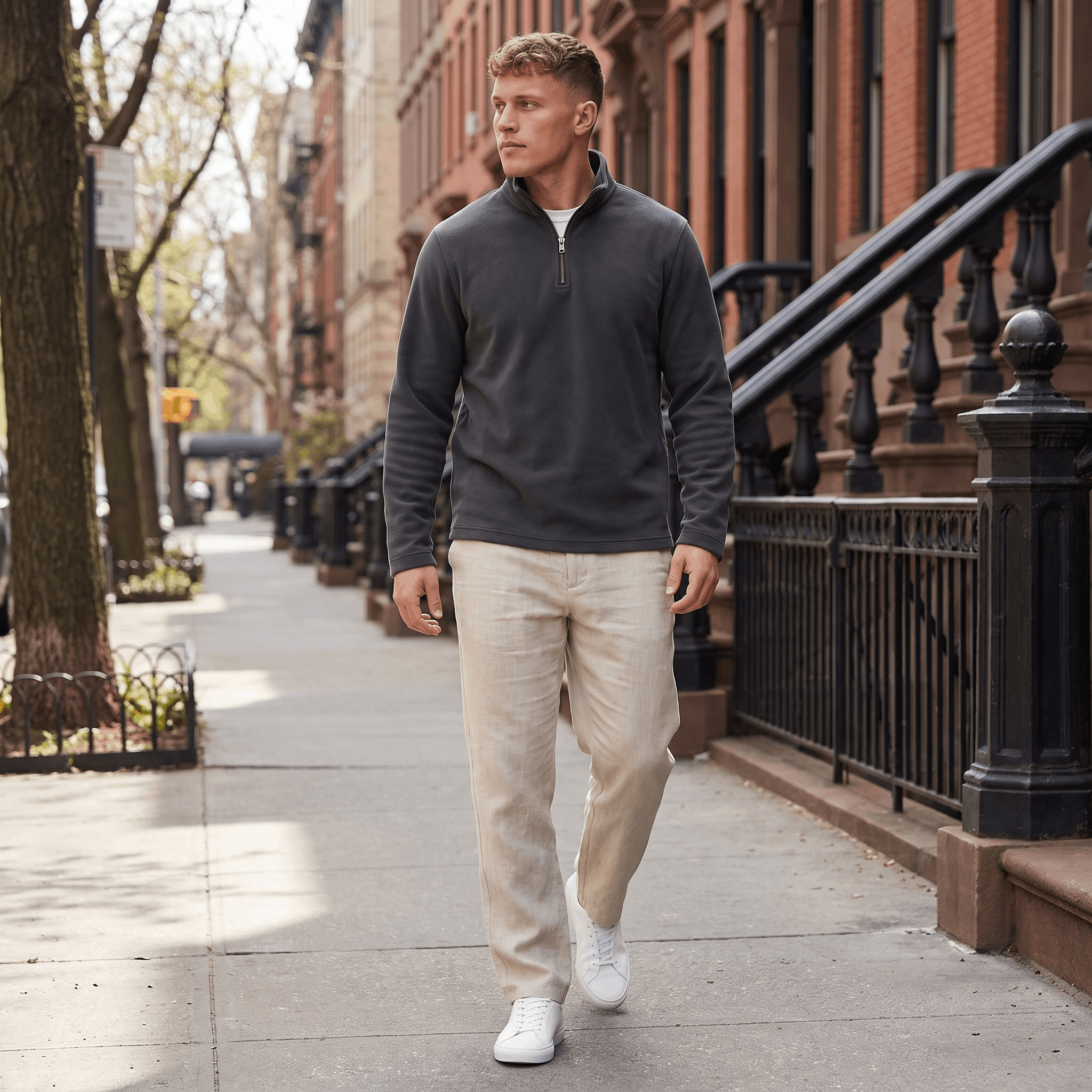 Man wearing a charcoal gray quarter-zip knit sweater with beige trousers walking along a city sidewalk.