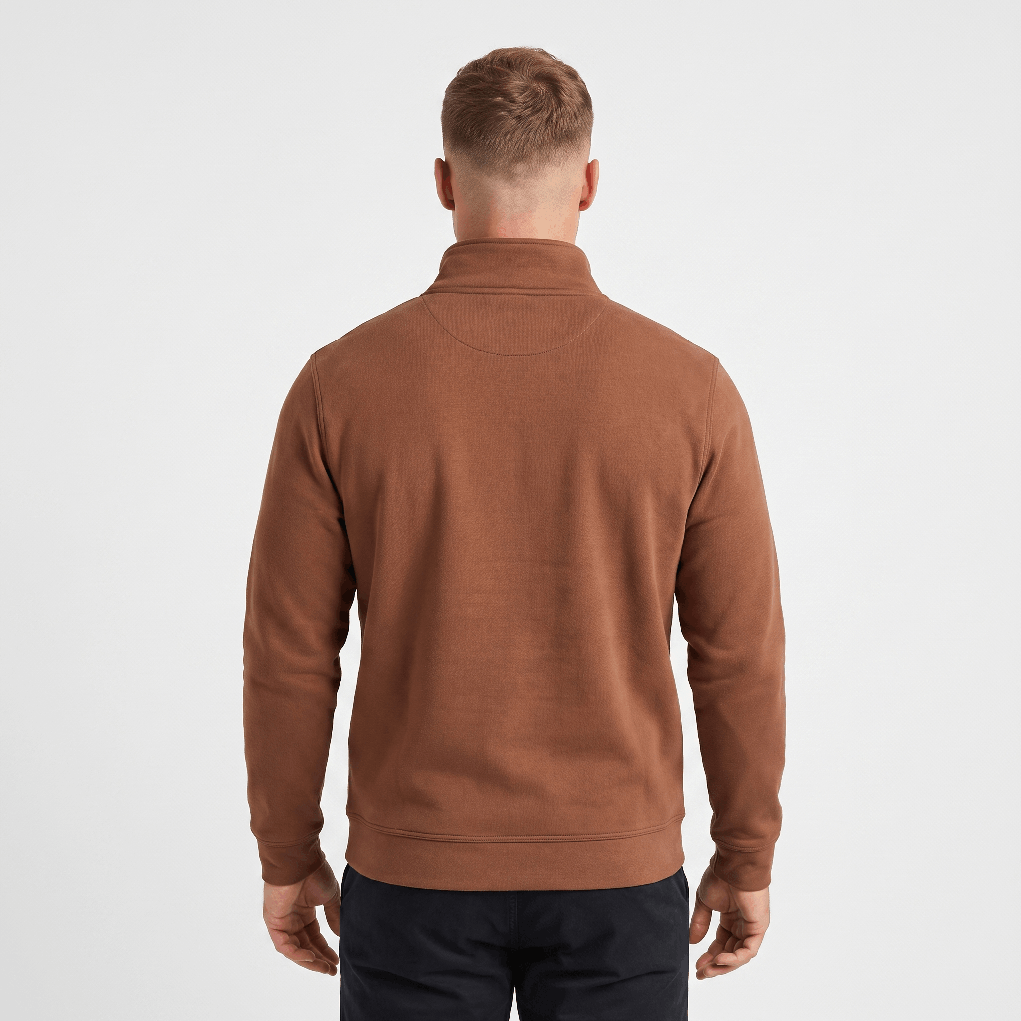 Back view of a men's brown quarter-zip knit sweater featuring a stand collar, long sleeves, and a classic fit.