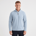 Man wearing a light blue quarter-zip knit sweater with a stand collar, long sleeves, and a classic fit.
