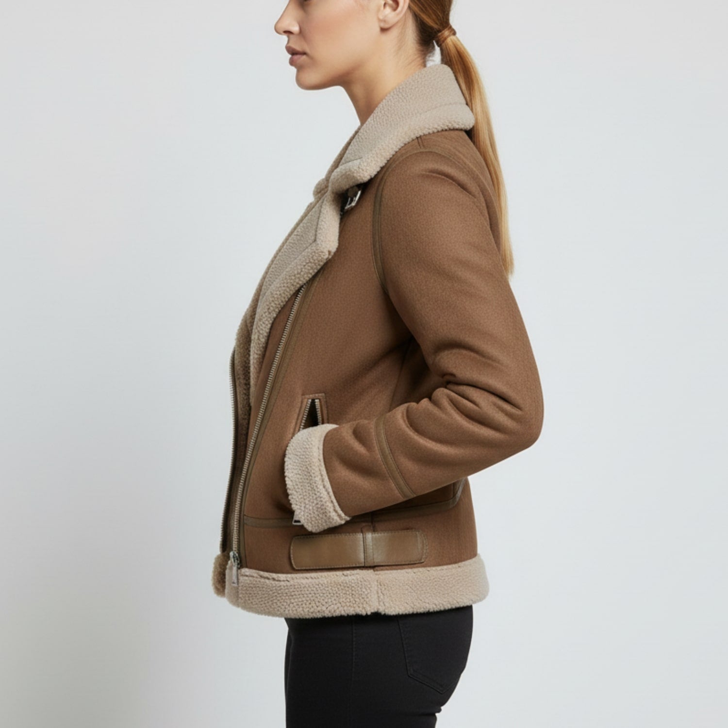 Aubrey Women’s Shearling Jacket – Aviator Suede Jacket with Plush Lining