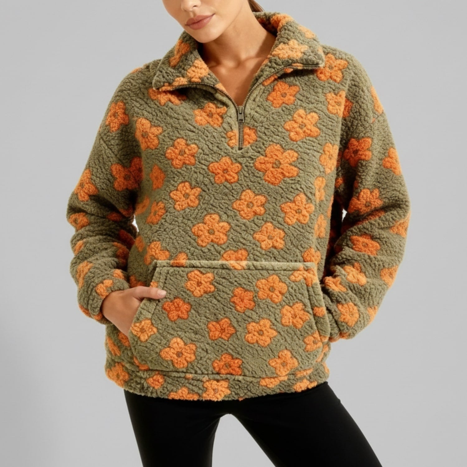 Eliza Women's Fleece Pullover – Floral Soft Half-Zip Oversized Winter Pullover