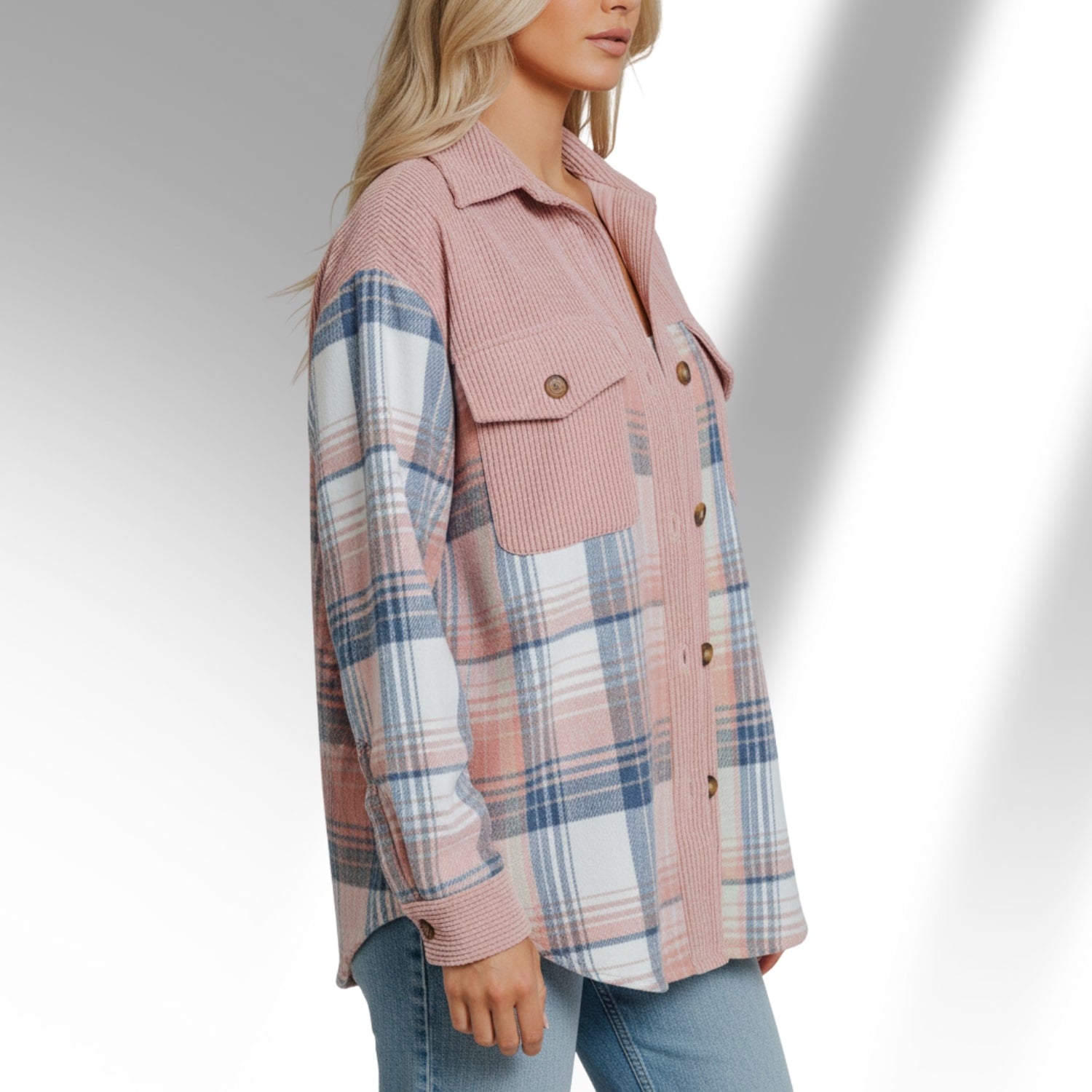 Mariana Women’s Plaid Shacket – Brushed Fabric Overshirt with Corduroy Collar