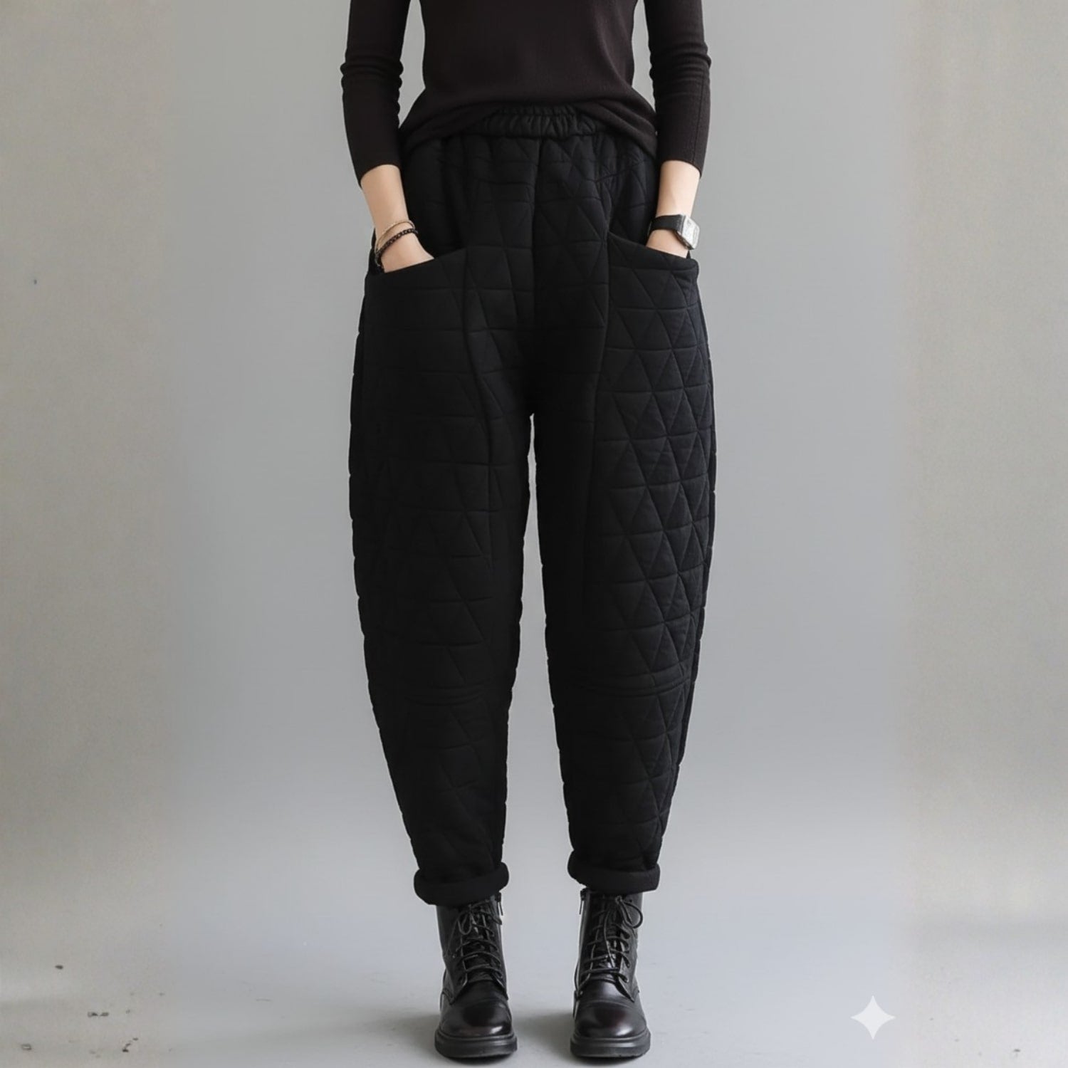 Elara Women’s Quilted Jogger Pants – Diamond Padded Thermal Cotton Pants