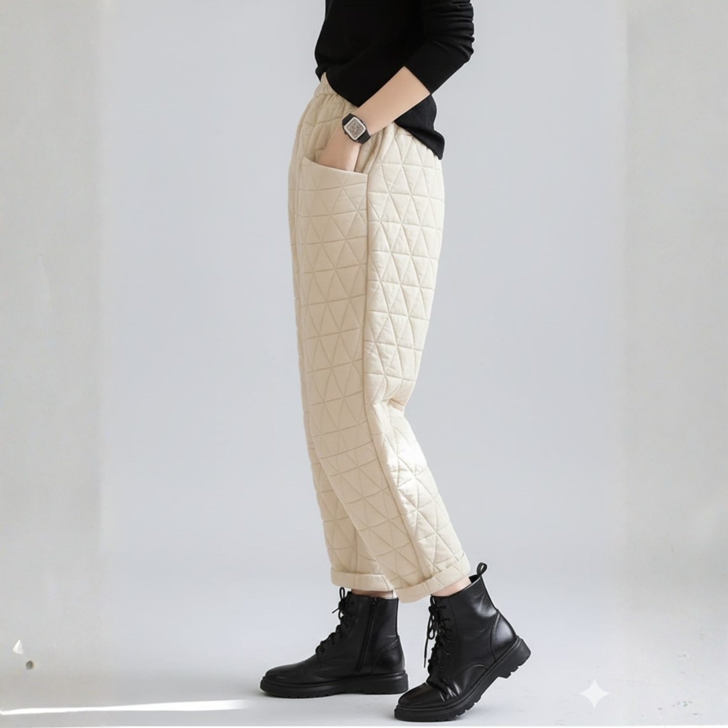 Elara Women’s Quilted Jogger Pants – Diamond Padded Thermal Cotton Pants