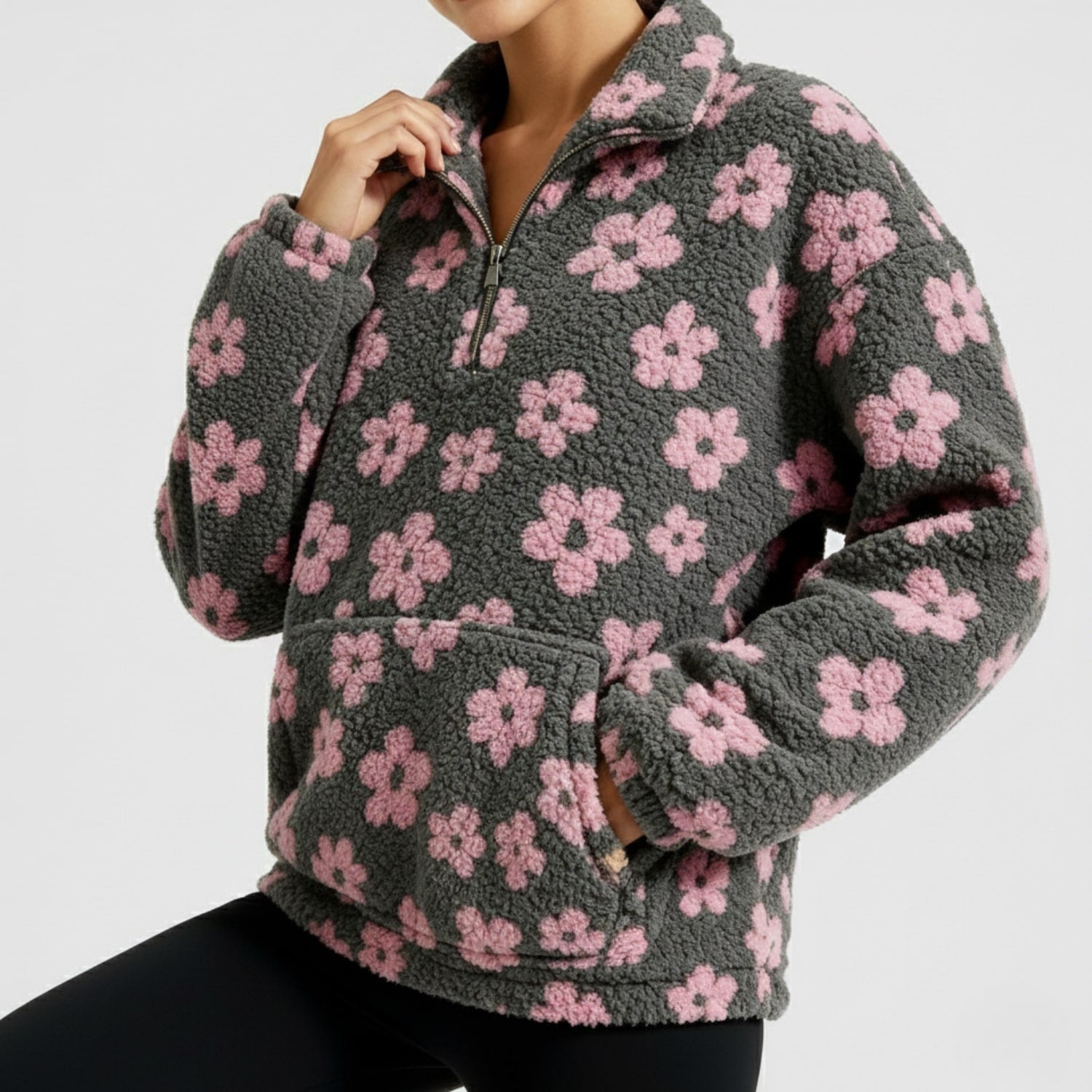 Eliza Women's Fleece Pullover – Floral Soft Half-Zip Oversized Winter Pullover