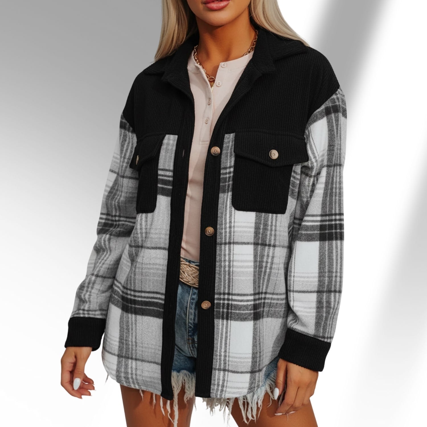 Mariana Women’s Plaid Shacket – Brushed Fabric Overshirt with Corduroy Collar