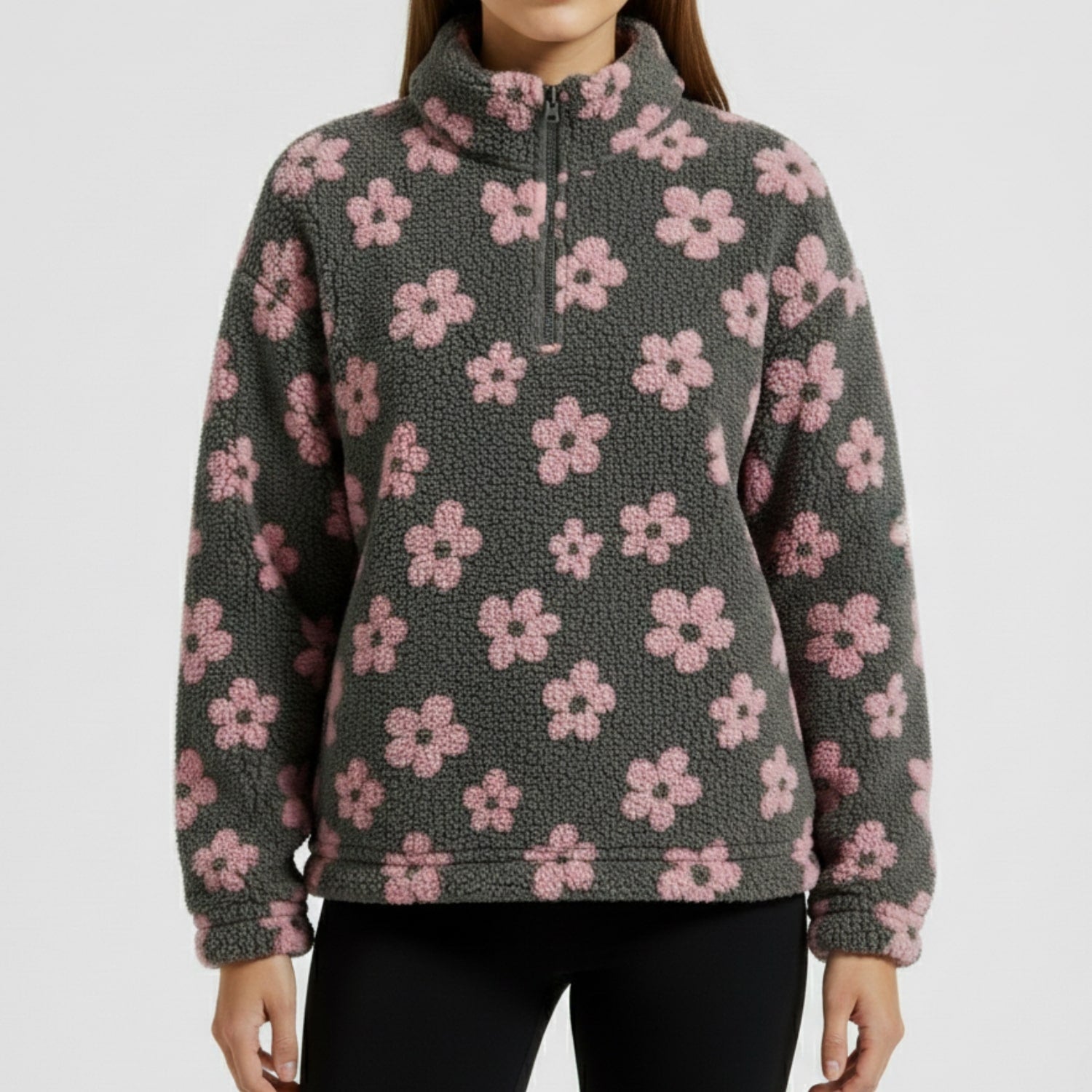Eliza Women's Fleece Pullover – Floral Soft Half-Zip Oversized Winter Pullover