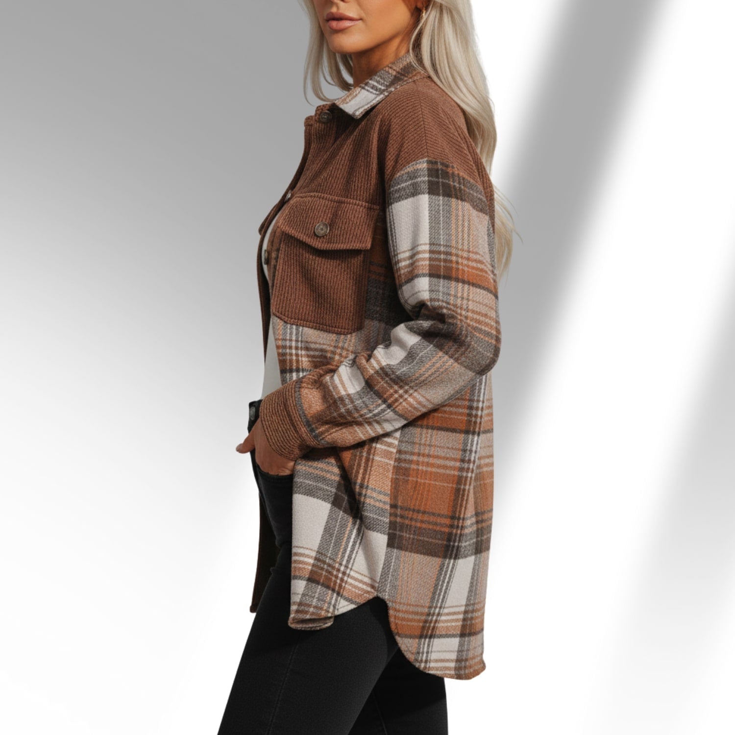 Mariana Women’s Plaid Shacket – Brushed Fabric Overshirt with Corduroy Collar
