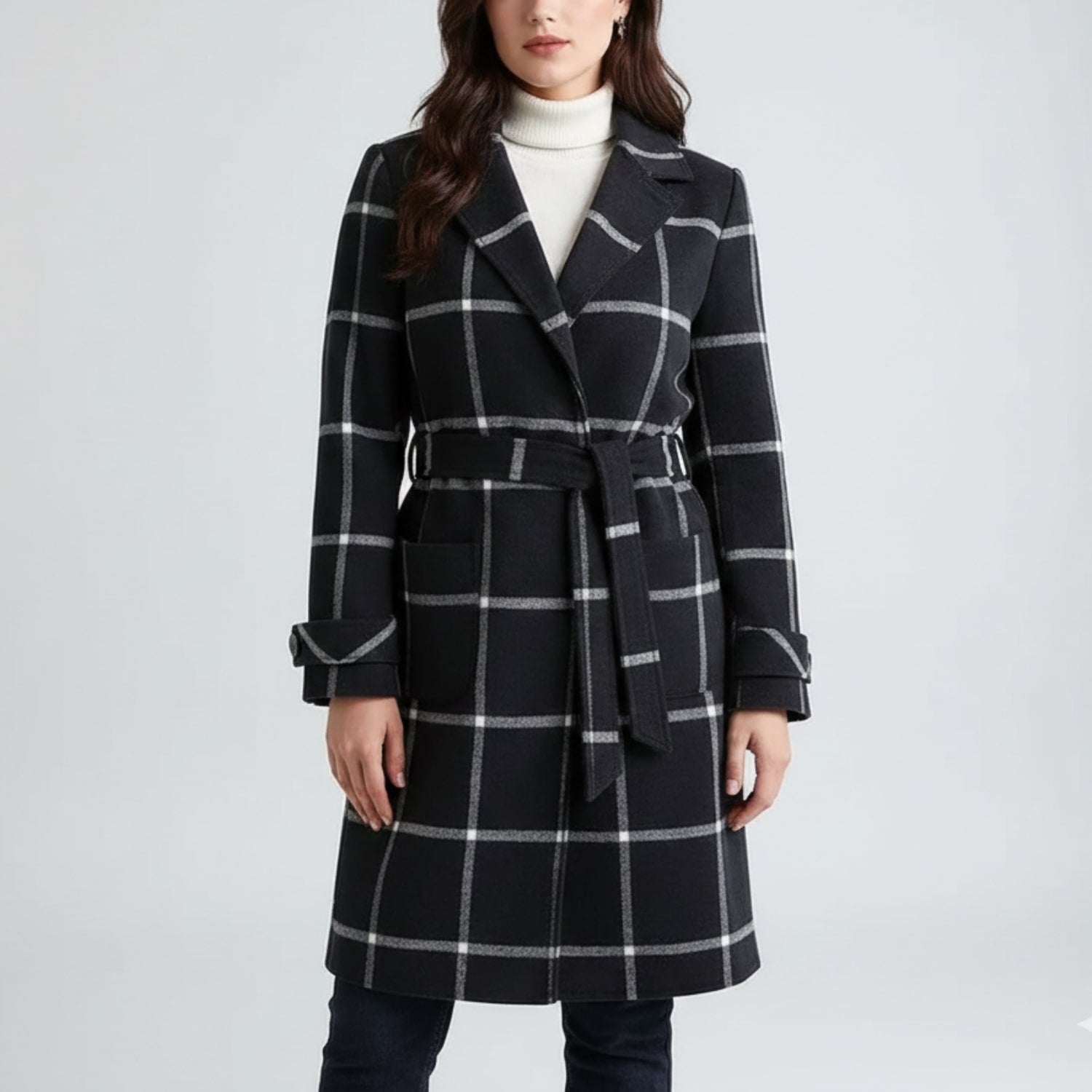 Reyda Women’s Tweed Jacket – Tailored Lapel Retro Plaid Long Winter Coat