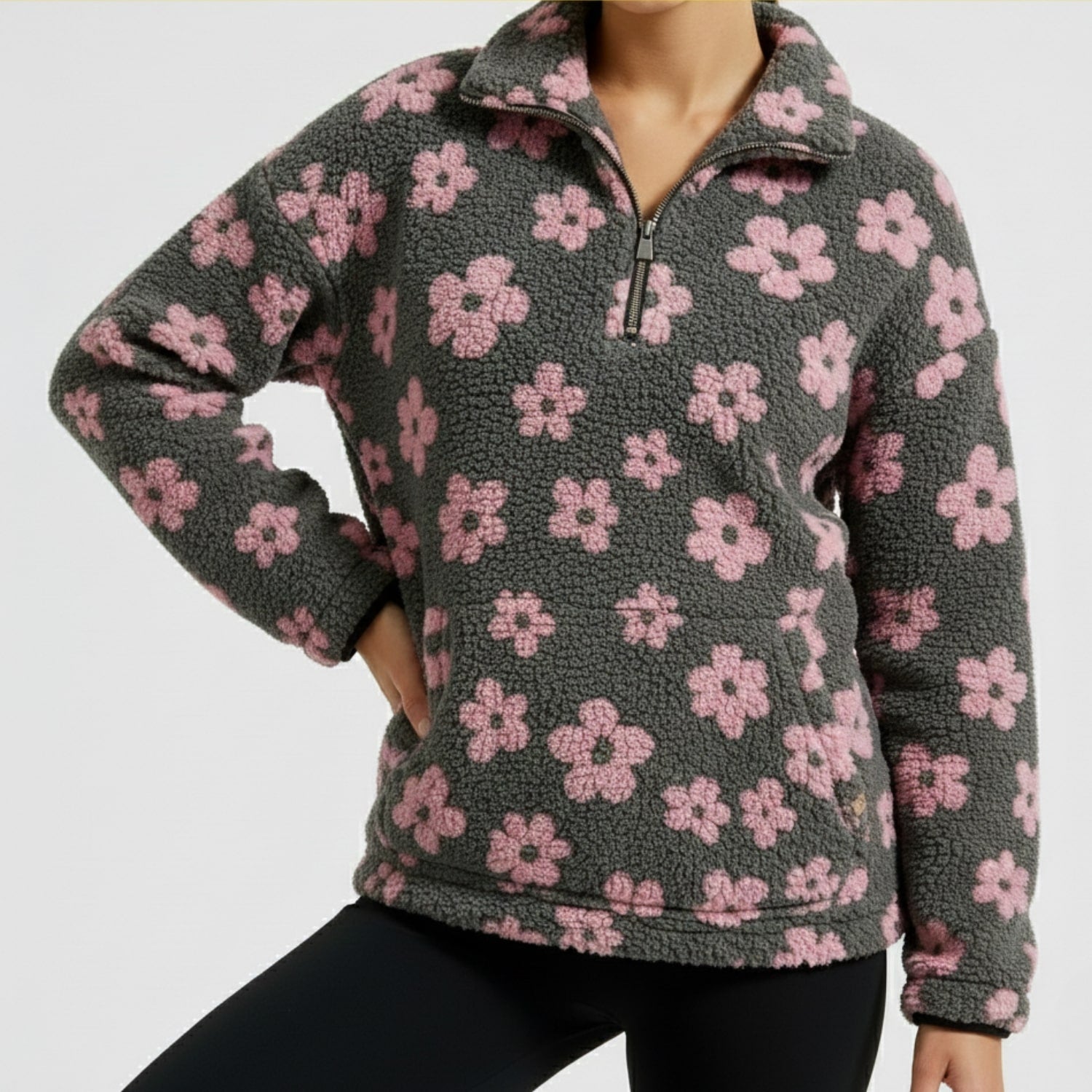 Eliza Women's Fleece Pullover – Floral Soft Half-Zip Oversized Winter Pullover