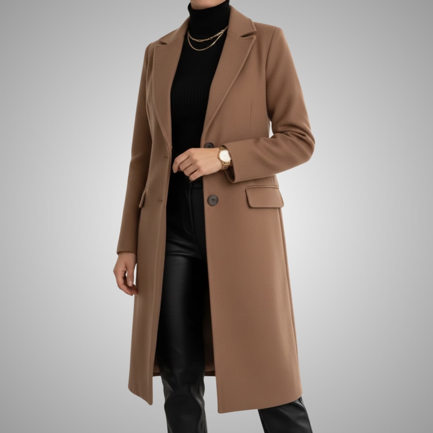 Vivienne Women’s Wool Coat – Tailored Two-Button Long Coat with Structured Collar