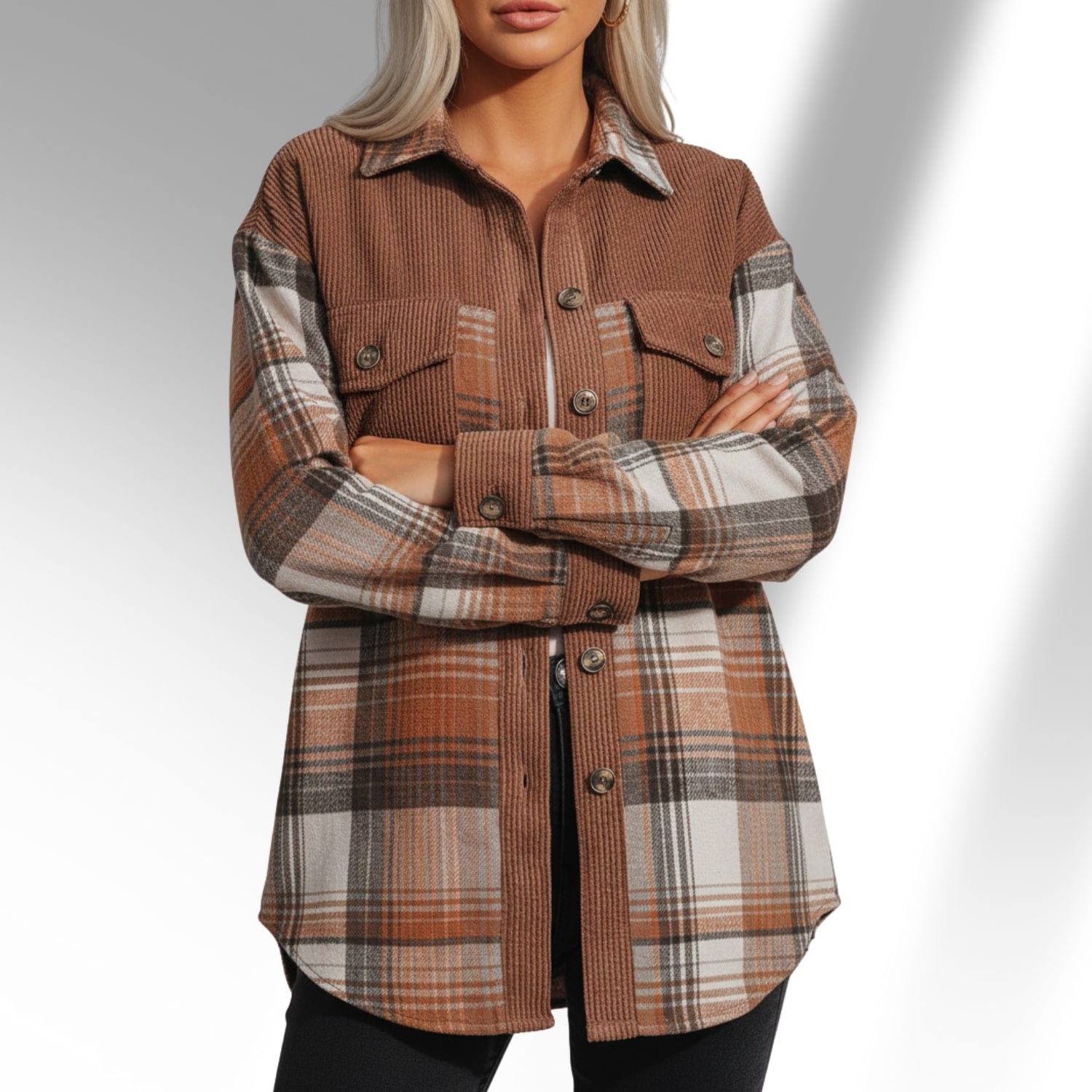 Mariana Women’s Plaid Shacket – Brushed Fabric Overshirt with Corduroy Collar