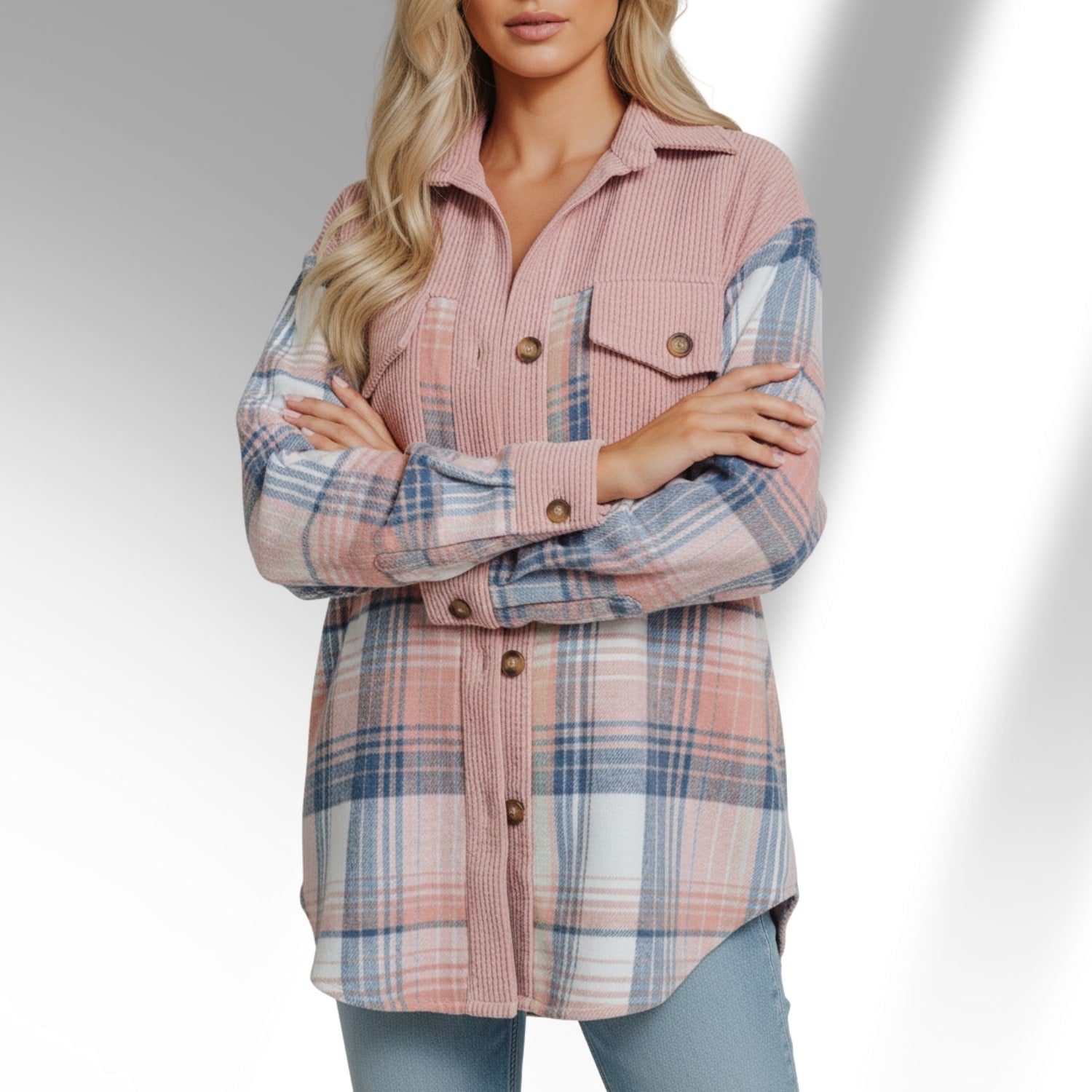 Mariana Women’s Plaid Shacket – Brushed Fabric Overshirt with Corduroy Collar