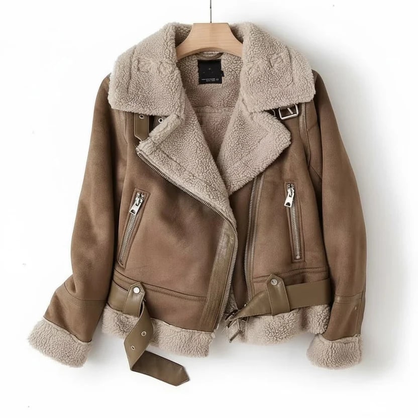 Aubrey Women’s Shearling Jacket – Aviator Suede Jacket with Plush Lining