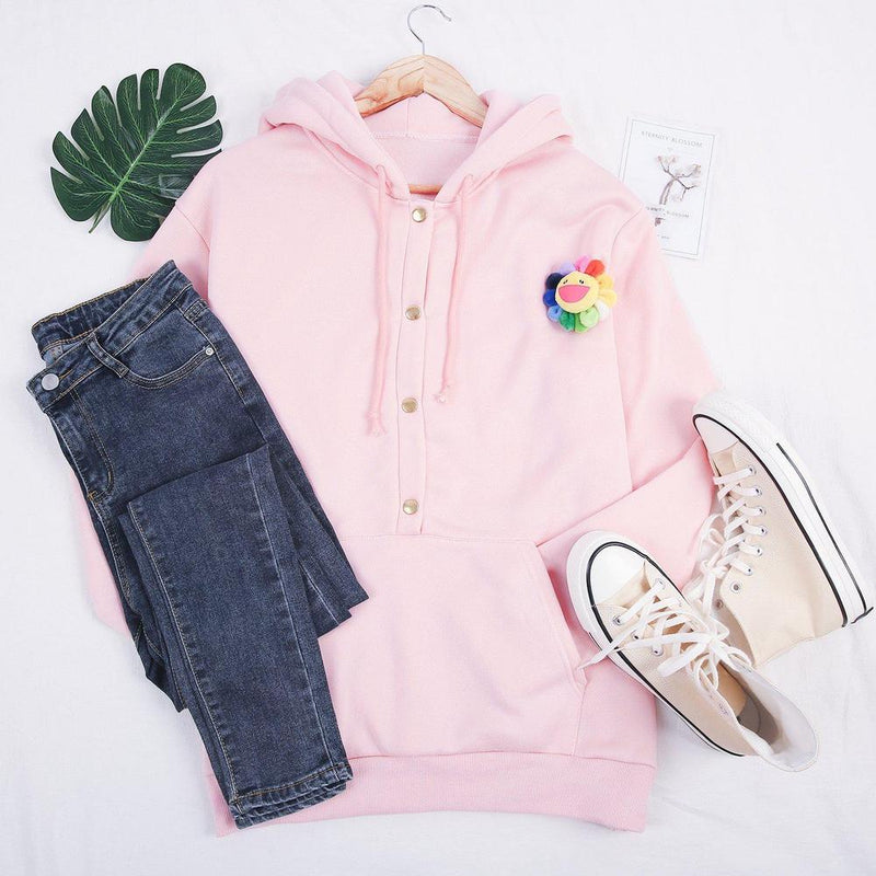 Talia Buttoned Hoodie – Soft Cotton-Blend with Kangaroo Pocket & Half Placket