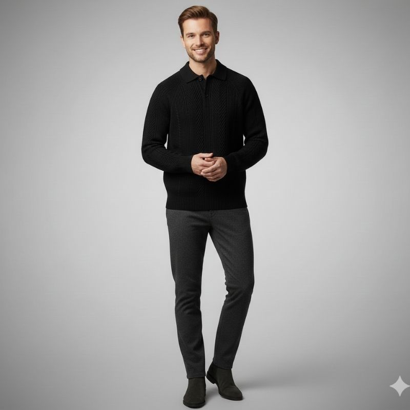 Franco Men’s Knit Polo Sweater – Herringbone Textured Pullover