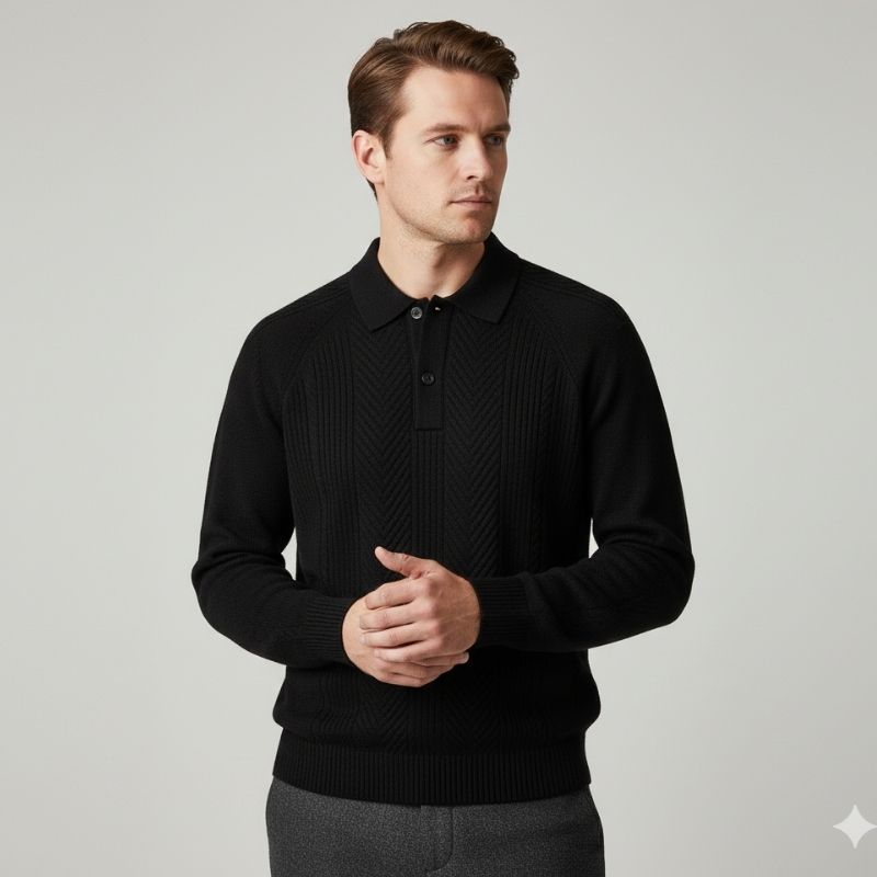 Franco Men’s Knit Polo Sweater – Herringbone Textured Pullover