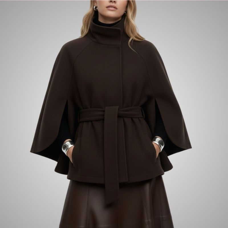 Sloane Women’s Lightweight Jacket – High Collar Coat with Flared Cape Sleeves Design