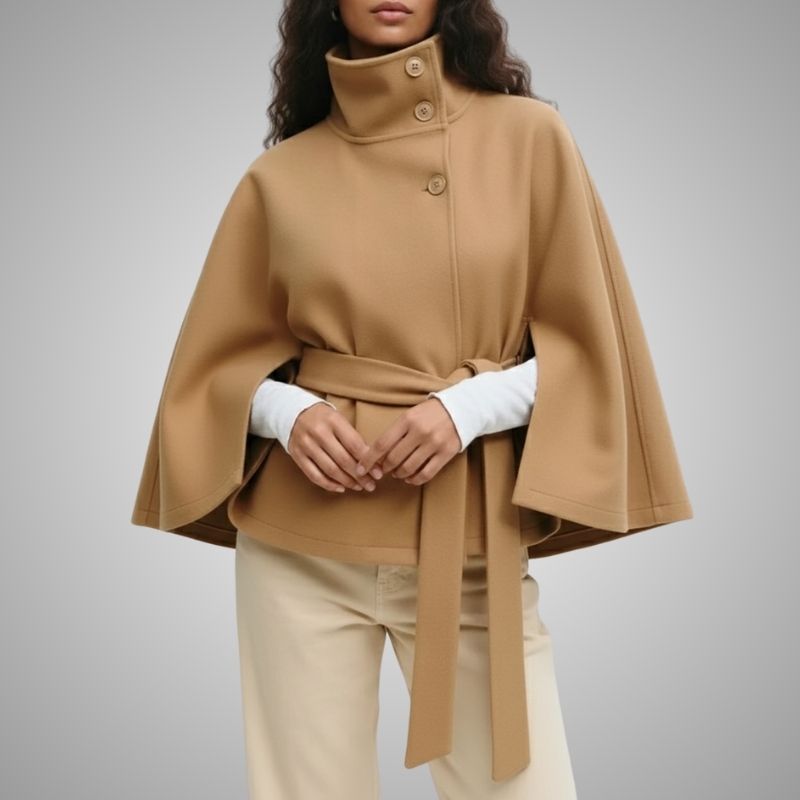 Sloane Women’s Lightweight Jacket – High Collar Coat with Flared Cape Sleeves Design