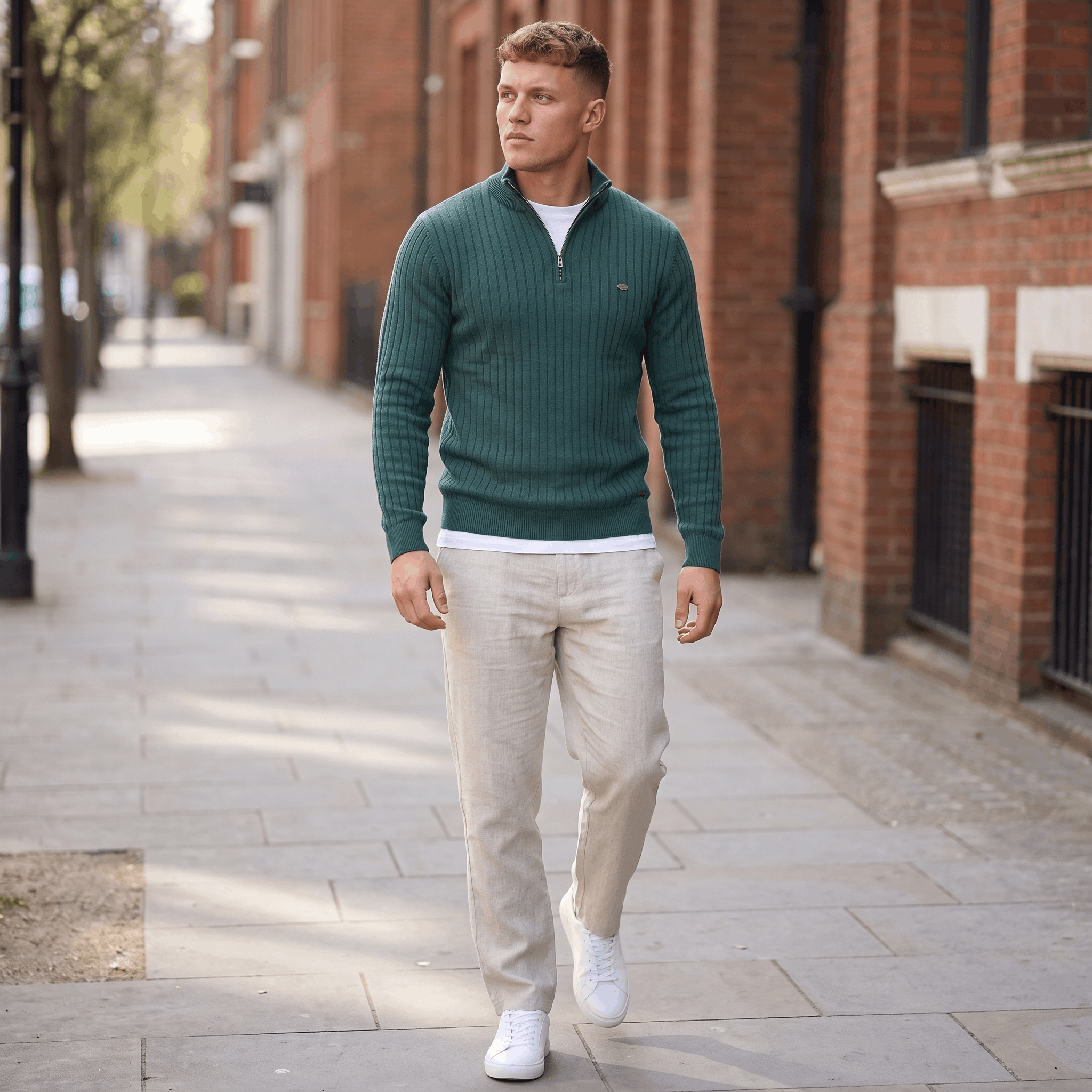 Man wearing a green ribbed quarter-zip knit sweater paired with light-colored trousers in a casual city setting.