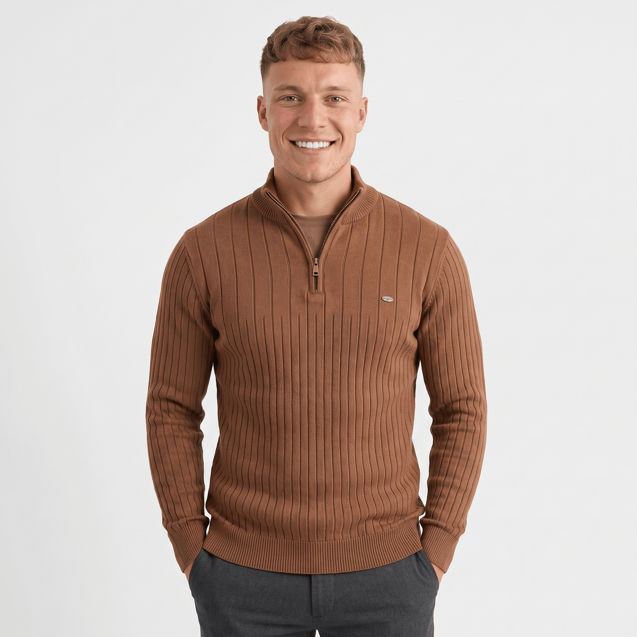 Man wearing a brown ribbed quarter-zip knit sweater featuring a stand collar, long sleeves, and a tailored fit.