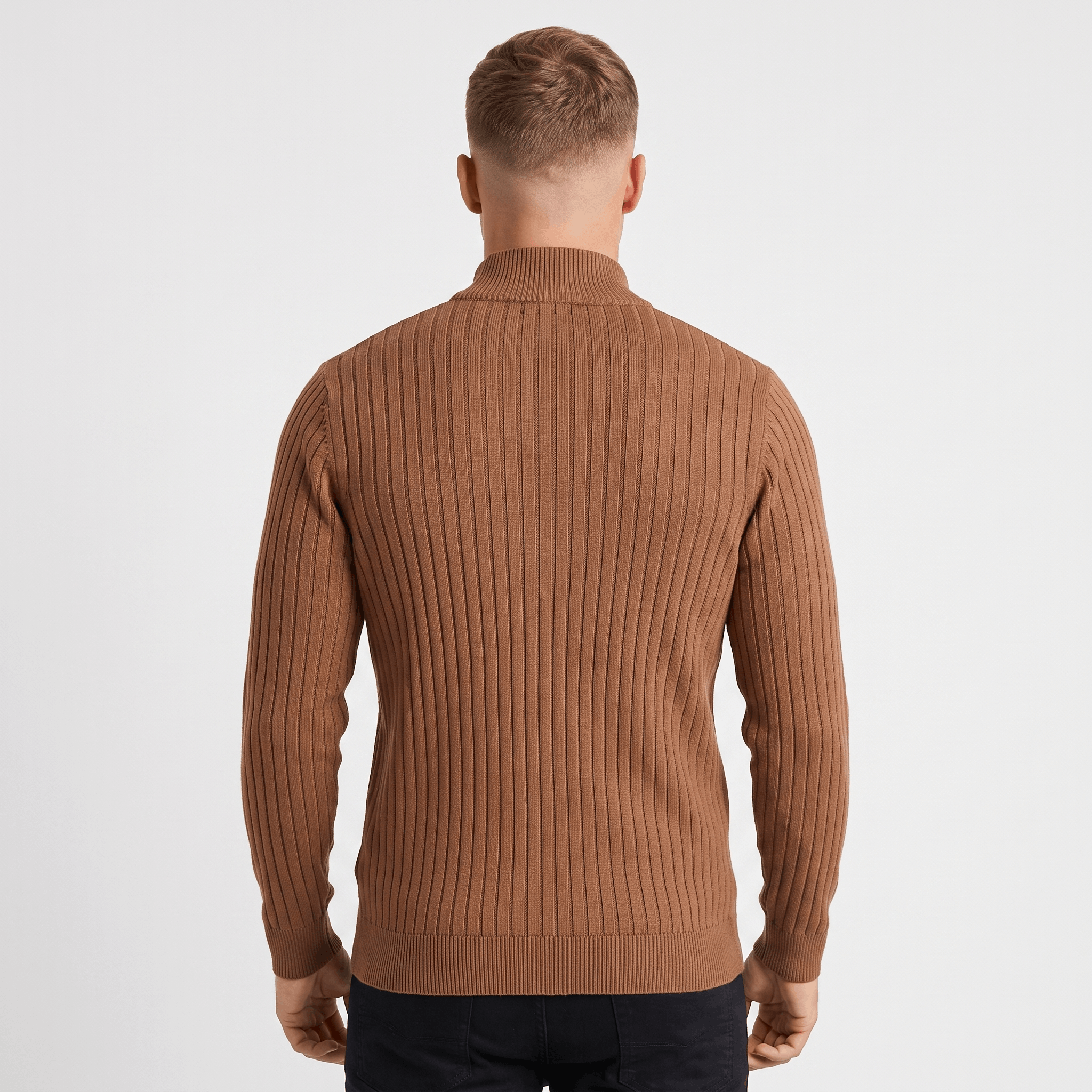 Back view of a men's brown ribbed quarter-zip knit sweater with a stand collar and ribbed construction.