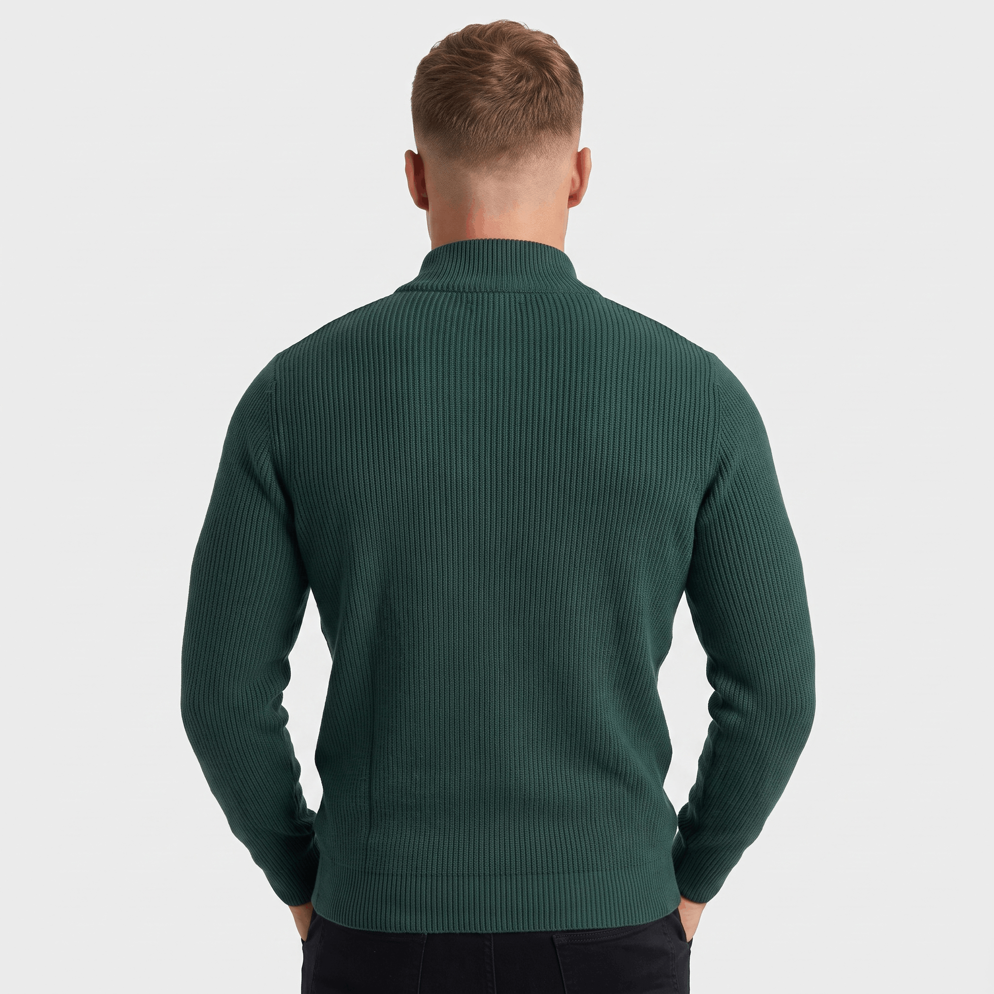 Back view of a men's green ribbed quarter-zip knit sweater with a stand collar and long sleeves.