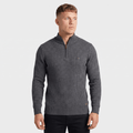 Man wearing a charcoal ribbed quarter-zip knit sweater with a stand collar, long sleeves, and a modern slim fit.