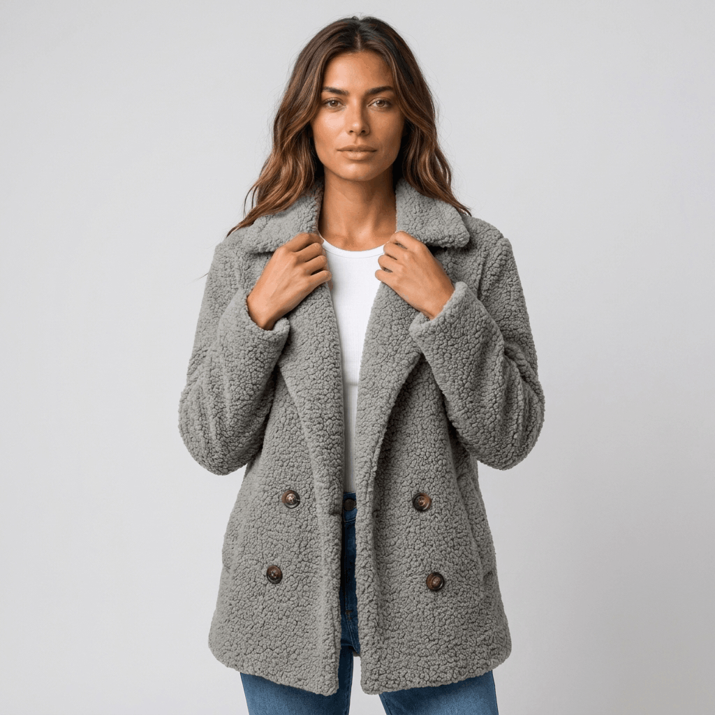 Woman wearing a light gray textured double-breasted coat with wide lapels and gold-tone buttons.