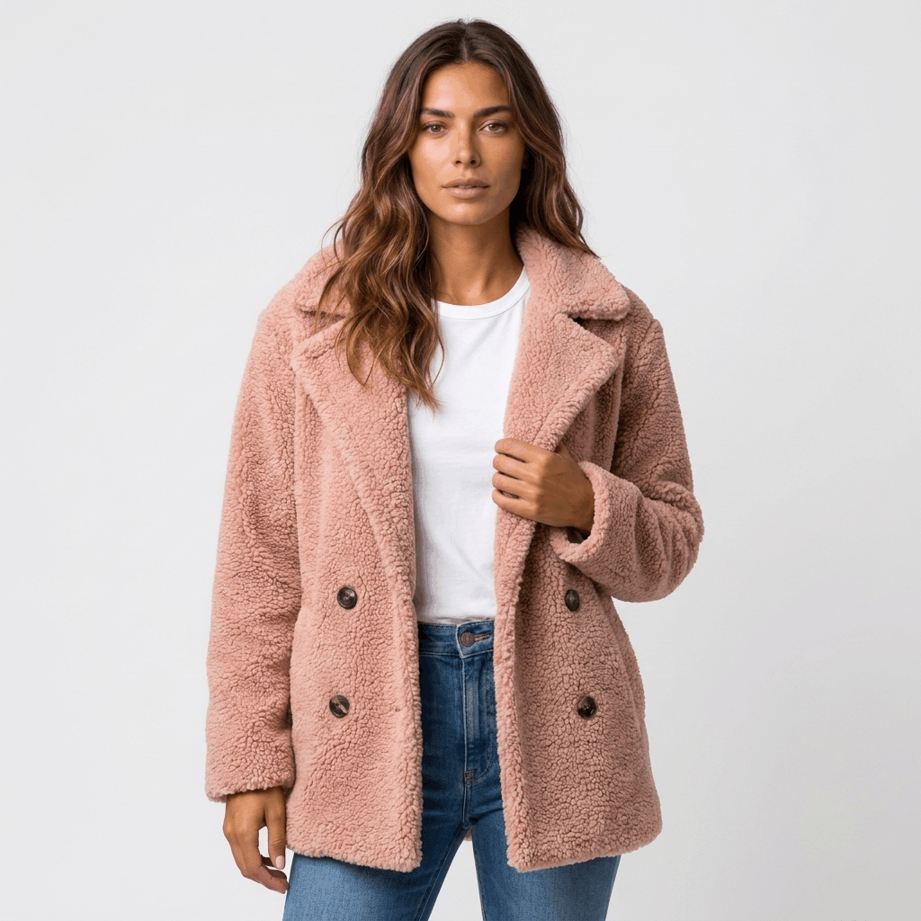 Celine Borg Fleece Teddy Coat – Wide Lapel Double-Breasted Relaxed Fit Outerwear