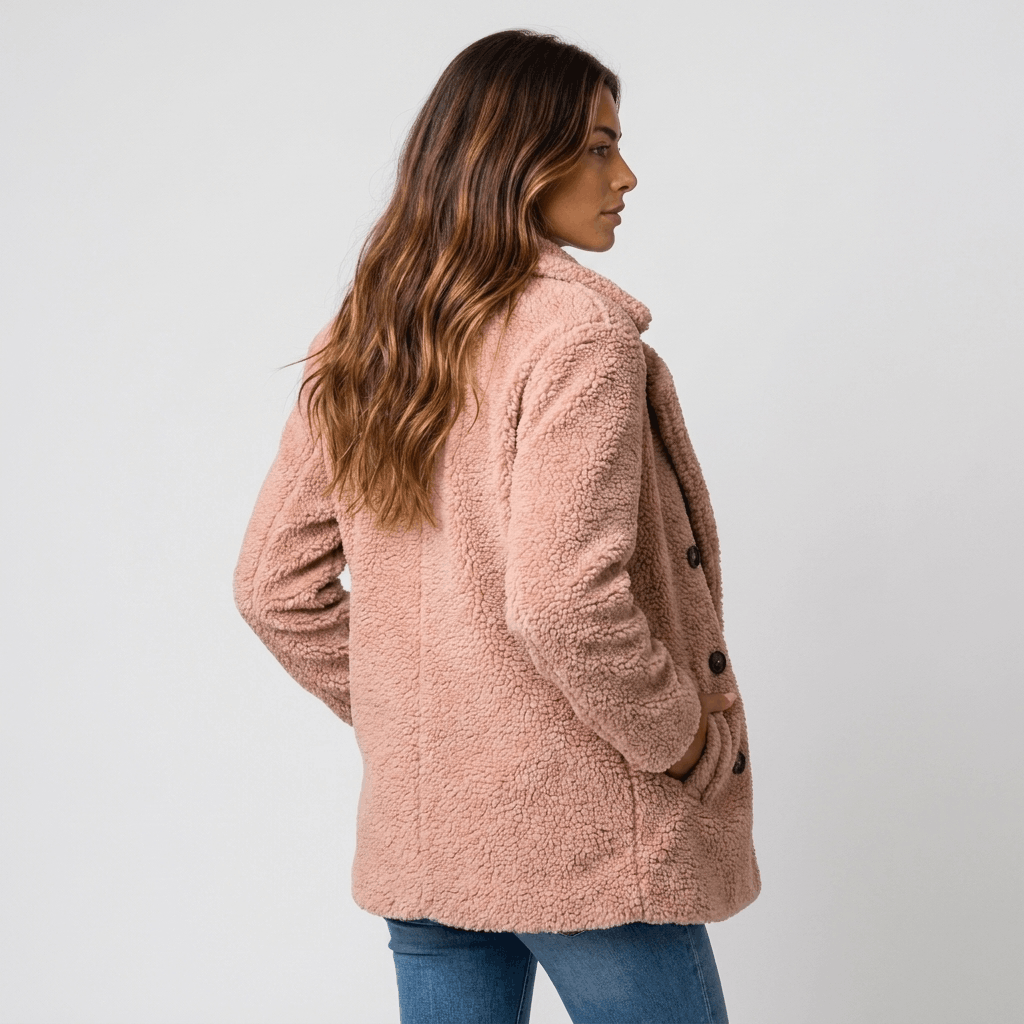 Back view of a woman wearing a pink textured coat with a structured silhouette and long sleeves.