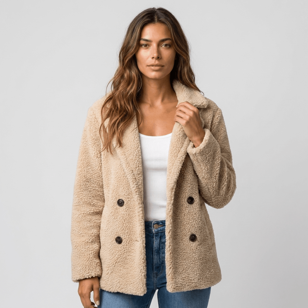 Woman wearing a beige sherpa coat with a plush textured finish, wide collar, double-breasted button closure, long sleeves, and relaxed fit over a white top and blue jeans.