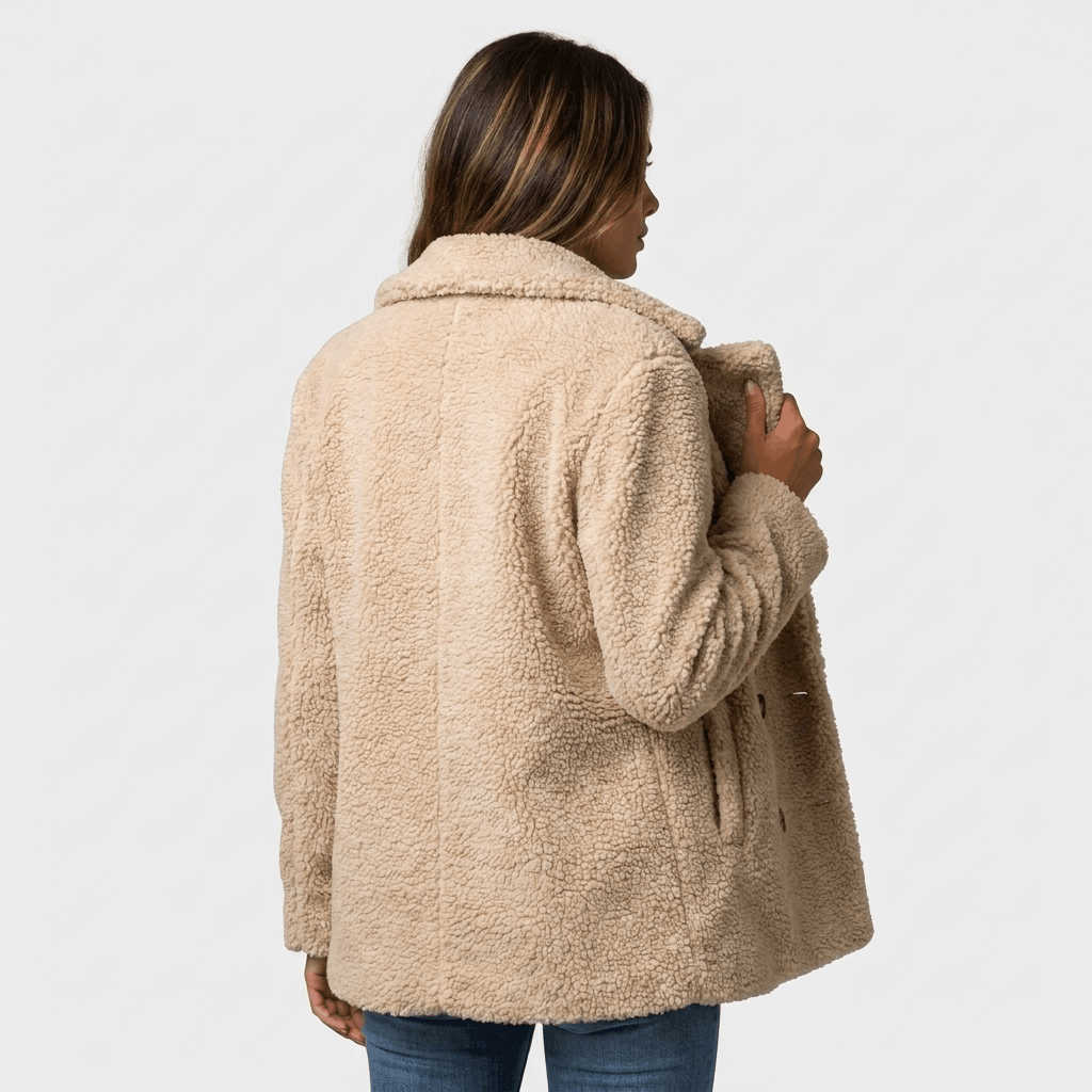 Back view of a woman wearing a beige sherpa coat with a plush textured finish, wide collar, long sleeves, front button closure, and relaxed fit, paired with blue jeans.