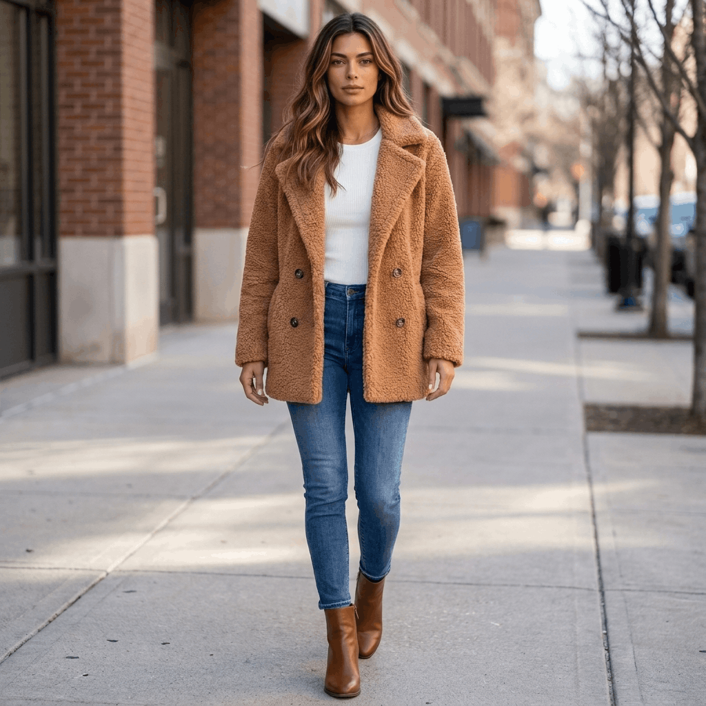 Woman wearing a camel brown textured coat with blue jeans while walking along a city sidewalk.