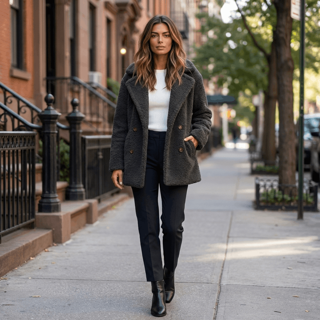 Woman wearing a dark gray textured coat with blue jeans while walking along an urban street.