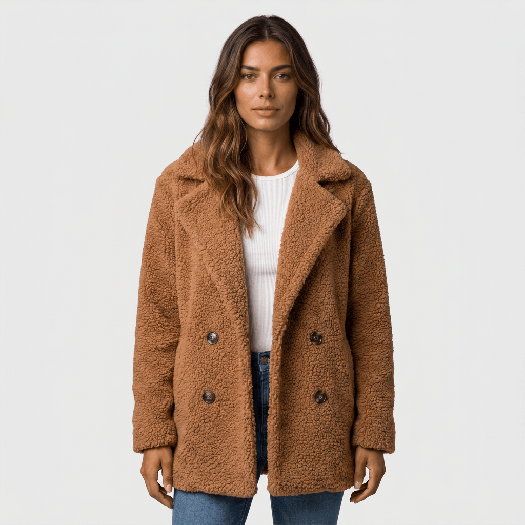 Woman wearing a camel brown textured double-breasted coat with wide lapels, gold-tone buttons, and side pockets.