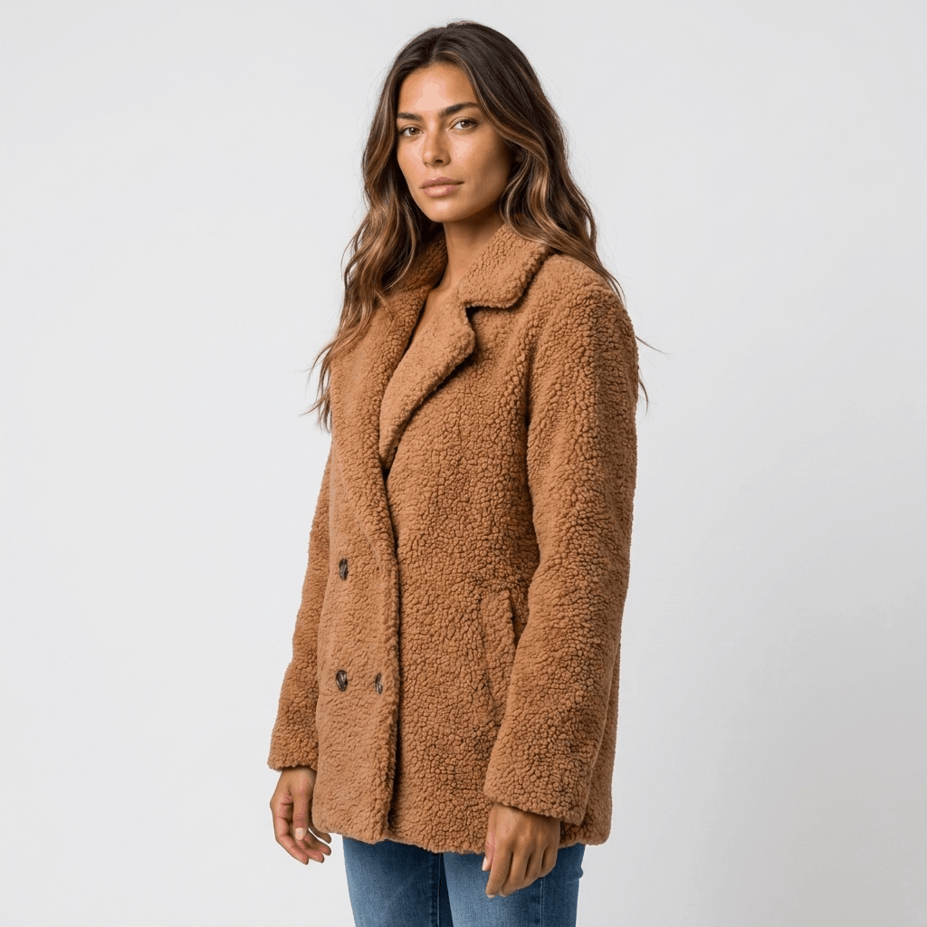 Side view of a woman wearing a camel brown textured double-breasted coat with wide lapels and tailored silhouette.