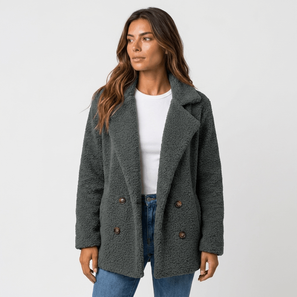Woman wearing a dark gray textured double-breasted coat over a white top and blue jeans, shown from the front.