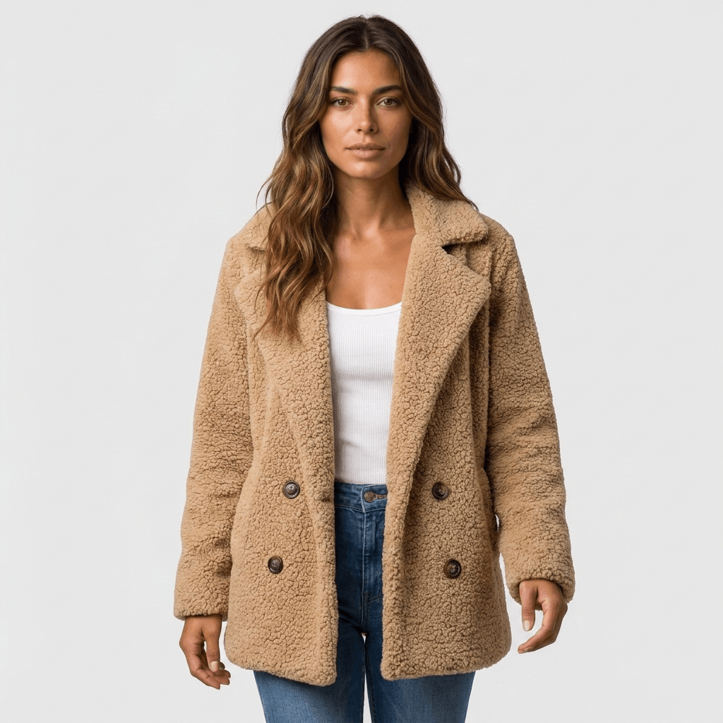 Woman wearing a beige textured double-breasted coat over a white top and blue jeans.