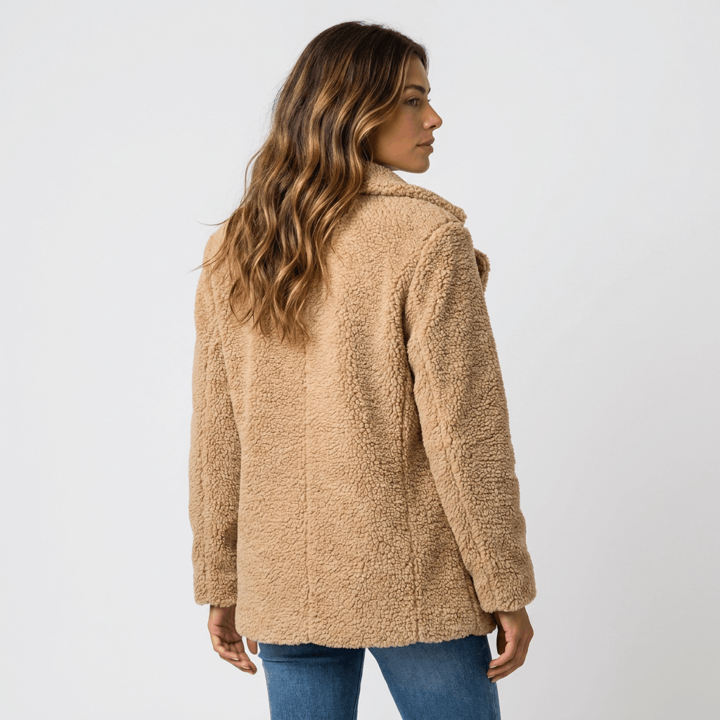Back view of a woman wearing a beige textured coat with a structured silhouette and long sleeves.