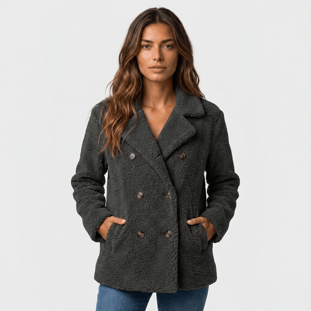 Woman wearing a dark gray textured double-breasted coat with wide notched lapels, gold-tone buttons, long sleeves, and side pockets, paired with blue jeans.