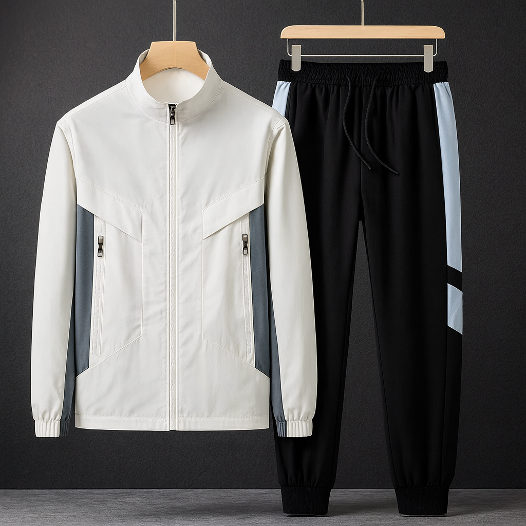 Prague Men’s Tracksuit – Stretch Fabric Set with Colorblock Panels & Tapered Pants