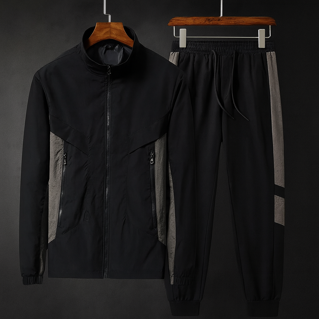 Prague Men’s Tracksuit – Stretch Fabric Set with Colorblock Panels & Tapered Pants