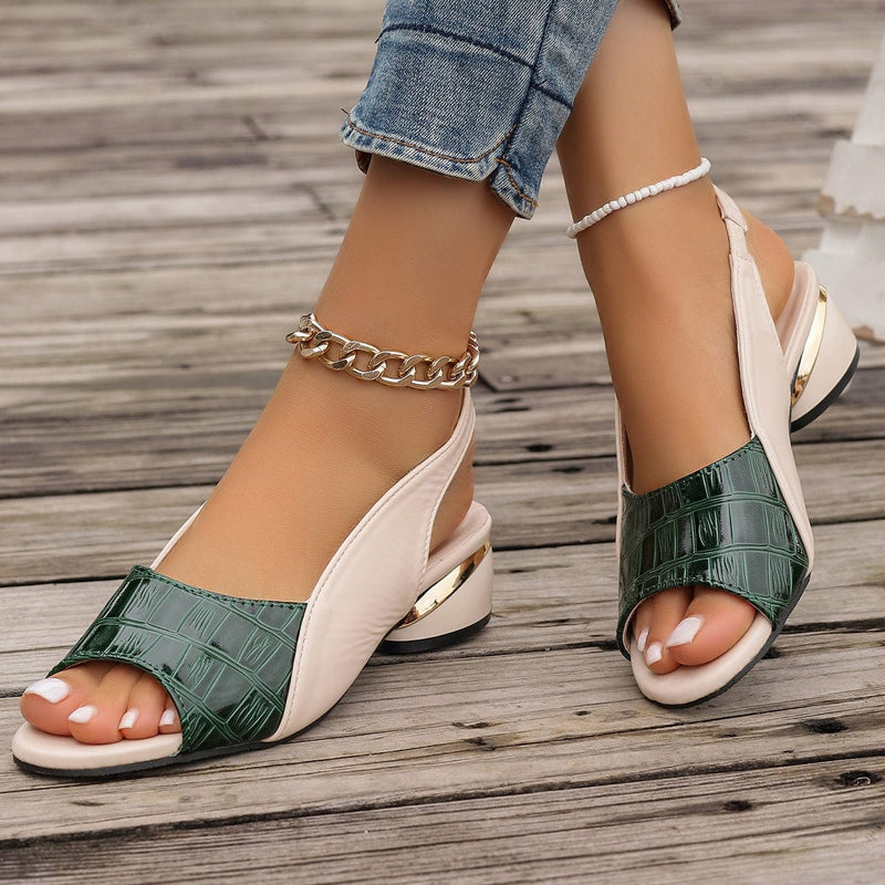 Chic City Leather Sandals – Glossy Croc-Embossed with Gold Accent Block Heel 0