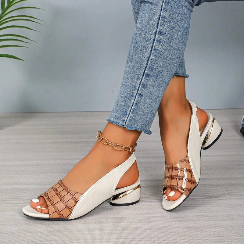 Chic City Leather Sandals – Glossy Croc-Embossed with Gold Accent Block Heel 1