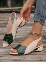 Chic City Leather Sandals – Glossy Croc-Embossed with Gold Accent Block Heel 2