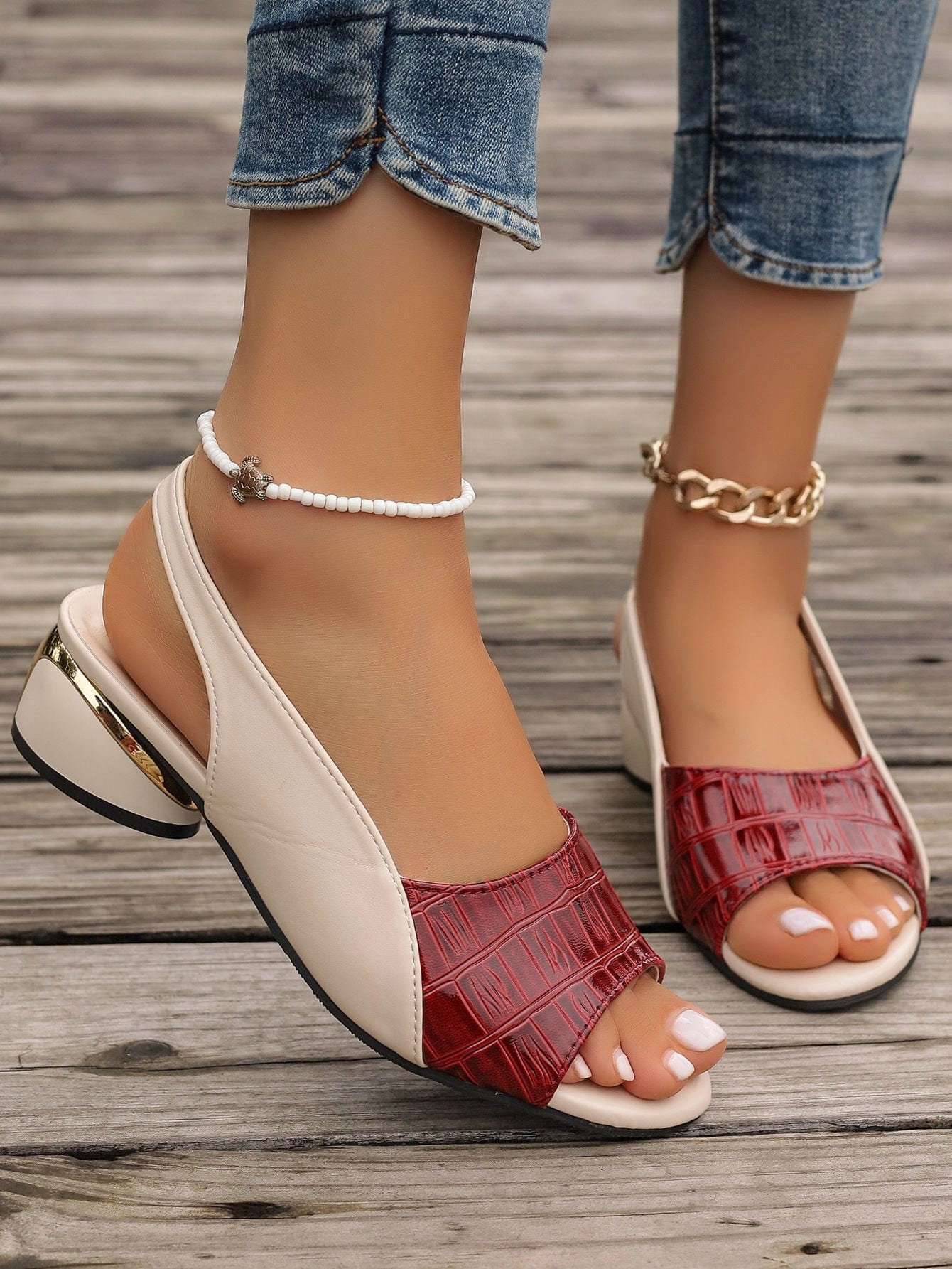 Chic City Leather Sandals – Glossy Croc-Embossed with Gold Accent Block Heel 6