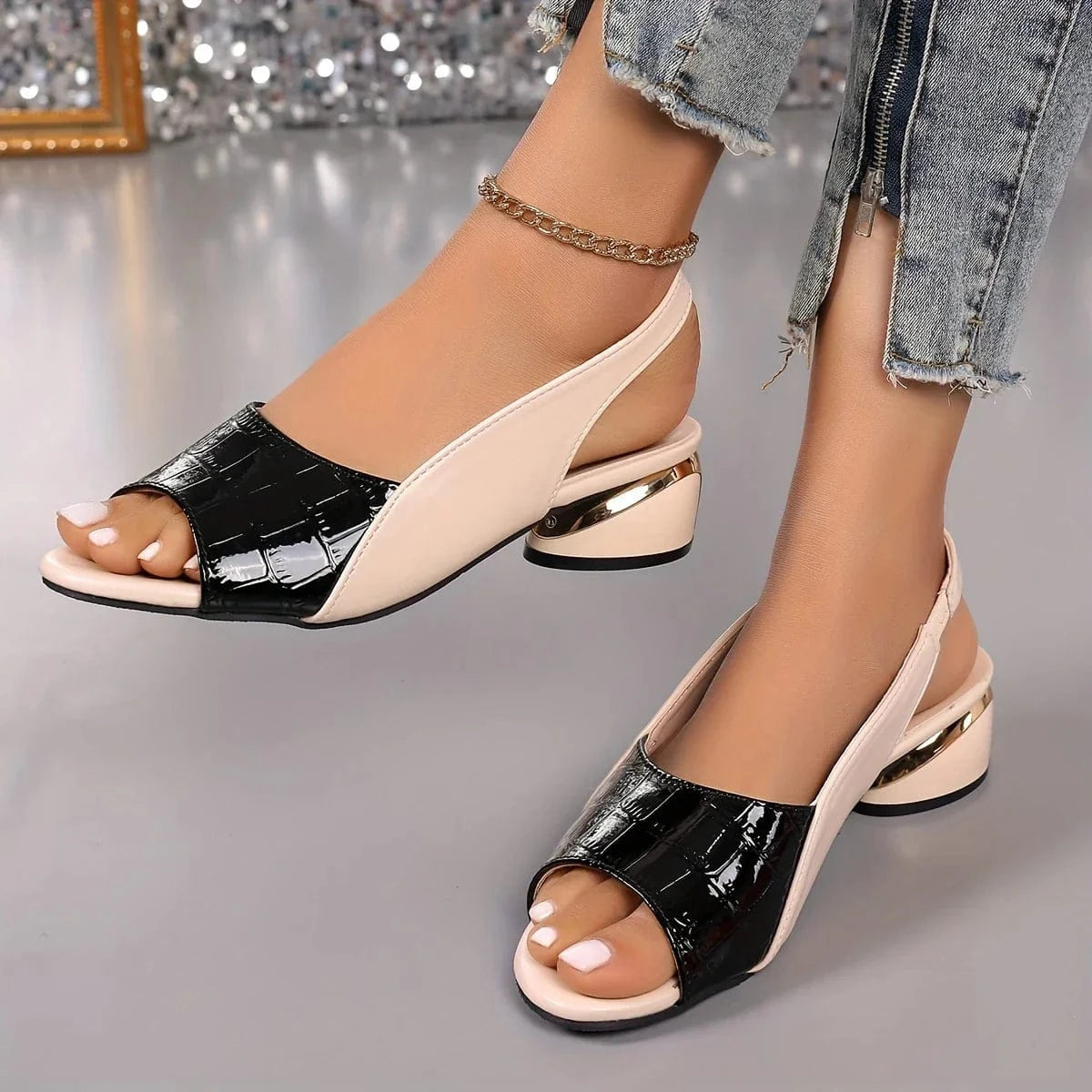 Chic City Leather Sandals – Glossy Croc-Embossed with Gold Accent Block Heel 9