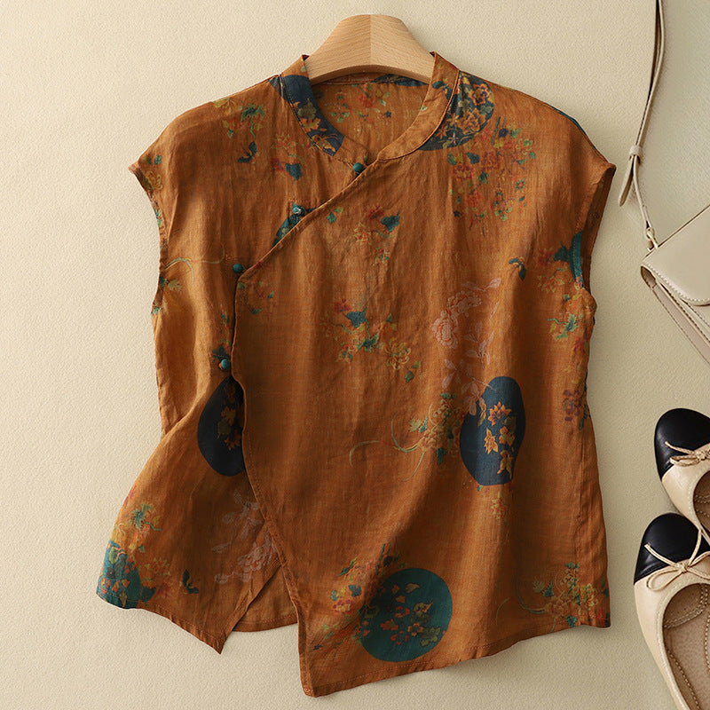 Chloe Floral Blouse for Women – Soft Linen Blend with Asymmetric Cut 0