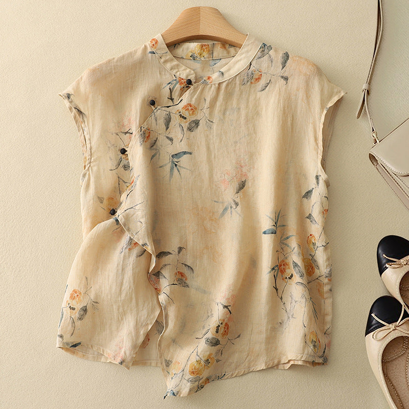 Chloe Floral Blouse for Women – Soft Linen Blend with Asymmetric Cut 1